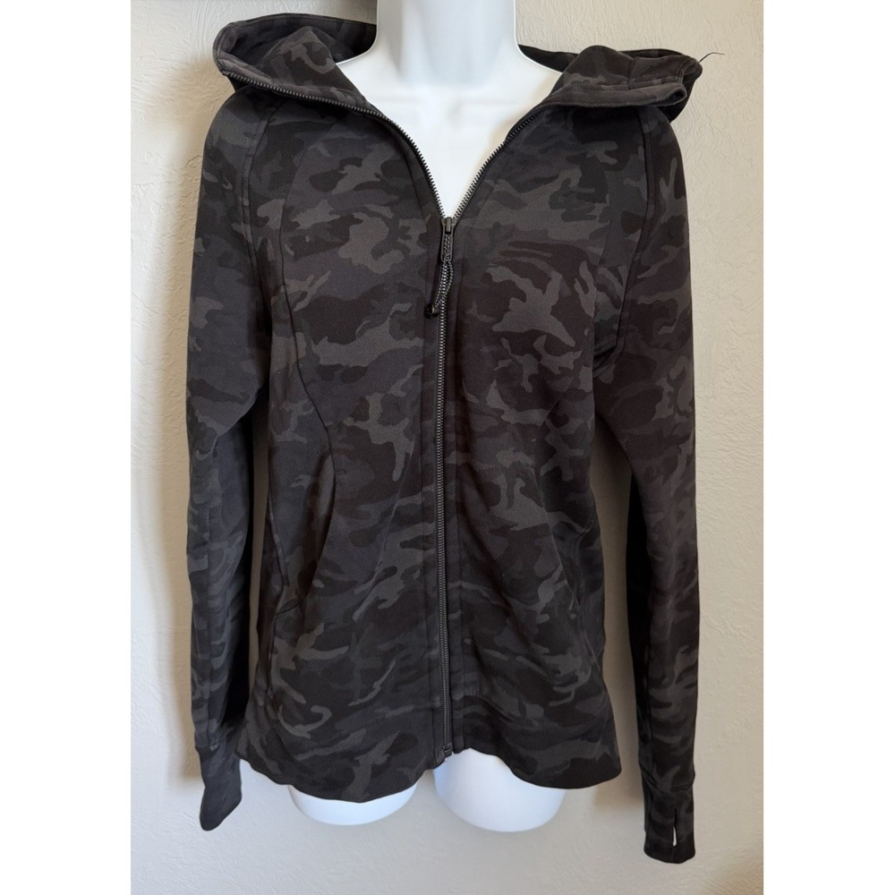 Lululemon Scuba Jacket Womens 8 Black Camo Full Zip Athleisure Hooded Stretch